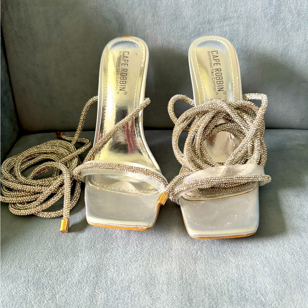 Cape Robbin silver wrap around ankle heels.